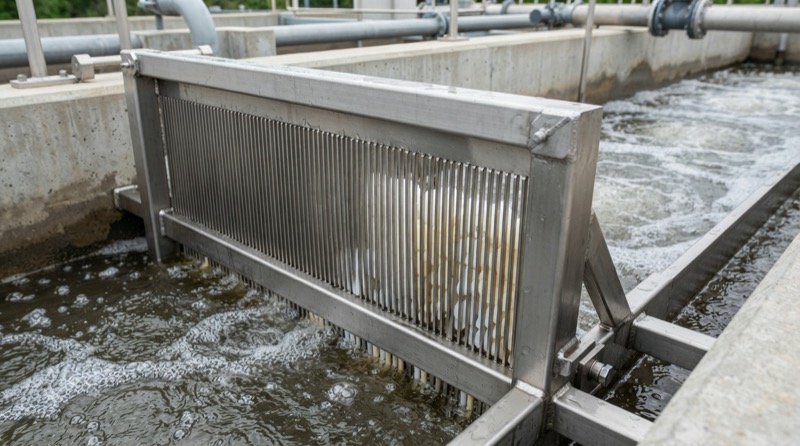 Ảnh minh họa: Cận cảnh lưới chắn giá thể bằng inox tại cửa ra của bể Aerotank nâng cấp IFAS