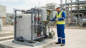 Ảnh minh họa: Kỹ sư kỹ thuật kiểm tra và bảo dưỡng định kỳ hệ thống module xử lý nước thải hợp khối tại nhà máy công nghiệp.