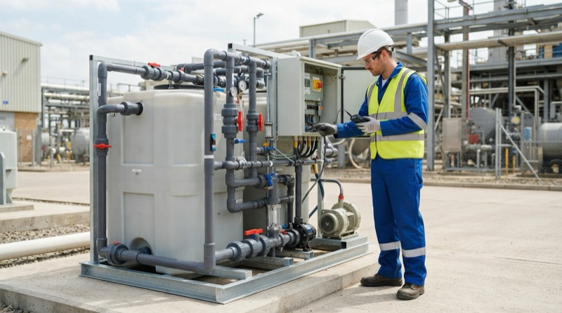 Ảnh minh họa: Kỹ sư kỹ thuật kiểm tra và bảo dưỡng định kỳ hệ thống module xử lý nước thải hợp khối tại nhà máy công nghiệp.