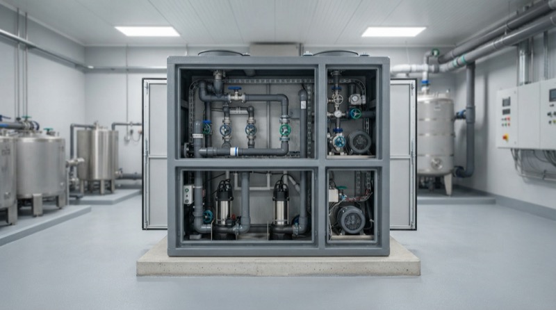 Ảnh minh họa: Module xử lý nước thải hợp khối cùng các cụm thiết bị cơ điện kỹ thuật trong công trình công nghiệp.