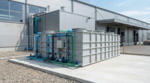 Ảnh minh họa: Hệ thống module xử lý nước thải hợp khối lắp đặt ngoài trời tại khuôn viên nhà xưởng công nghiệp.