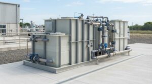 Ảnh minh họa: Module xử lý nước thải hợp khối bằng nhựa PP và composite lắp đặt ngoài trời tại cơ sở công nghiệp.