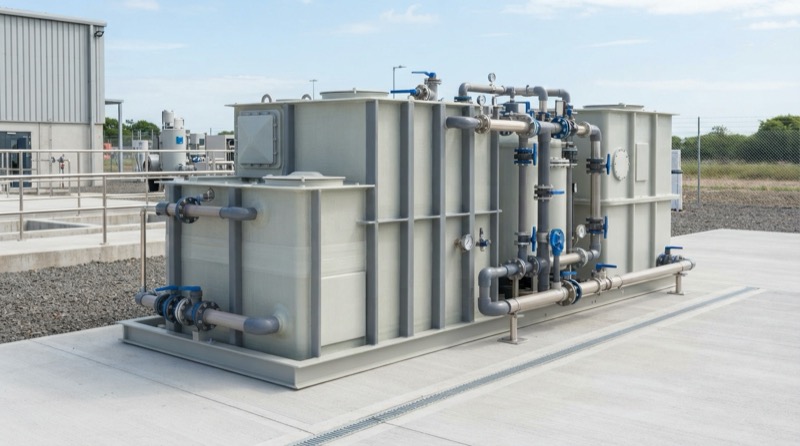 Ảnh minh họa: Module xử lý nước thải hợp khối bằng nhựa PP và composite lắp đặt ngoài trời tại cơ sở công nghiệp.