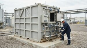 Ảnh minh họa: Kỹ thuật viên kiểm tra định kỳ module xử lý nước thải hợp khối tại khuôn viên cơ sở sản xuất.