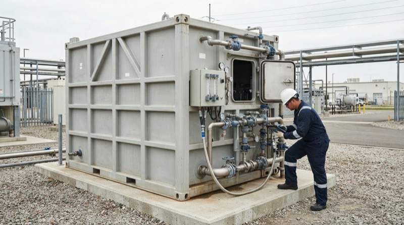 Ảnh minh họa: Kỹ thuật viên kiểm tra định kỳ module xử lý nước thải hợp khối tại khuôn viên cơ sở sản xuất.