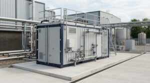 Ảnh minh họa: Hệ thống xử lý nước thải công nghiệp dạng container lắp đặt trên nền bê tông tại khuôn viên nhà máy.