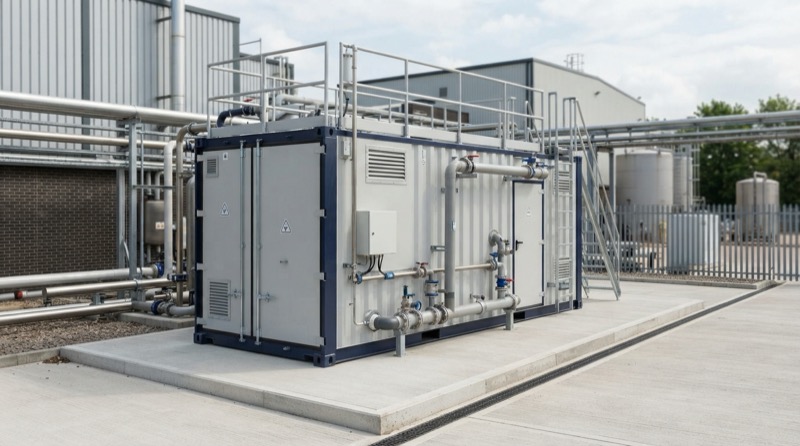 Ảnh minh họa: Hệ thống xử lý nước thải công nghiệp dạng container lắp đặt trên nền bê tông tại khuôn viên nhà máy.