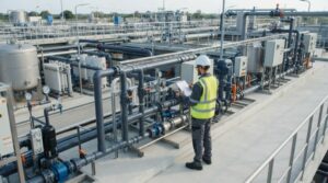 Ảnh minh họa: Kỹ sư kiểm tra hiện trường hệ thống xử lý nước thải theo checklist nghiệm thu trước khi vận hành.